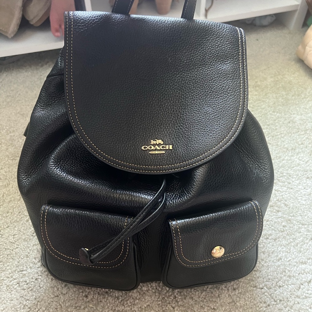 Coach Black Leather Backpack with Gold Accents